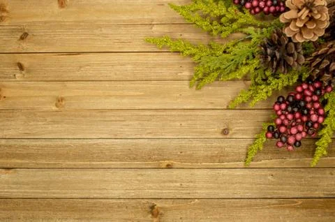 Rustic wood background with berries, pine cones, and leaves Stock Photos