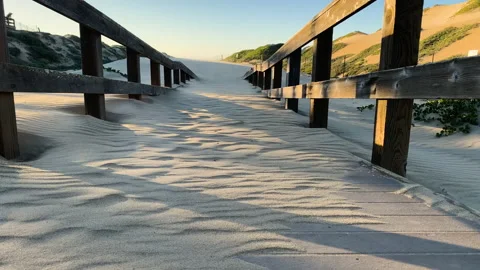 Rustic Wood Beach Boardwalk Through Sand Dunes. Oso Flaco Lake Stock Footage 234582765
