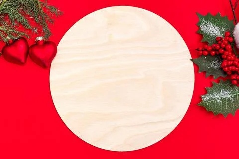 Rustic wood sign on red background, christmas mockup Stock Photos