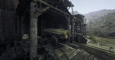 Rustic wood storage area nestled in a mountainous landscape during the day Ilustración de archivo