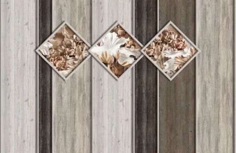 Rustic wood texture, Flowers in a frame Stock Illustration