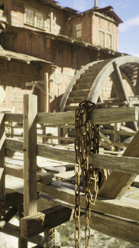 Rustic wooden bridge leads to an old water mill in a desert landscape Stock Footage 329679911