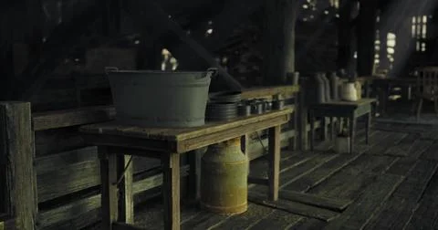 Rustic wooden cabin interior featuring a table with cooking supplies Illustrazione stock