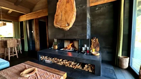 Rustic wooden cabin interior with kitchen and windows Stock Footage 334691308