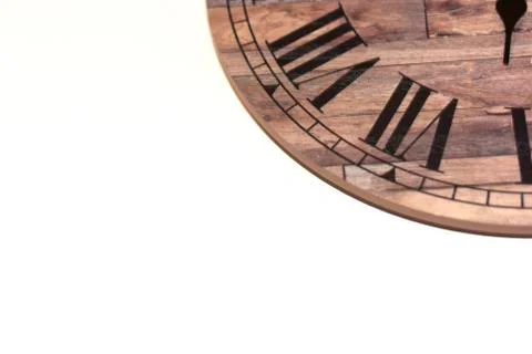 Rustic Wooden Clock on White Background with Copyspace Stock Photos