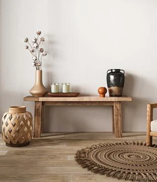 Rustic wooden console table with wicker accents and decorative vases in a cozy Illustrazione stock