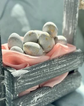 Rustic Wooden Crate with Easter Eggs Stock Photos