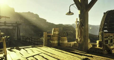 Rustic wooden dock bathed in sunlight with barrels and tools at sunset Stock Illustration