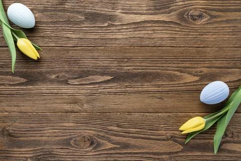 Rustic wooden Easter scene with tulips 写真素材