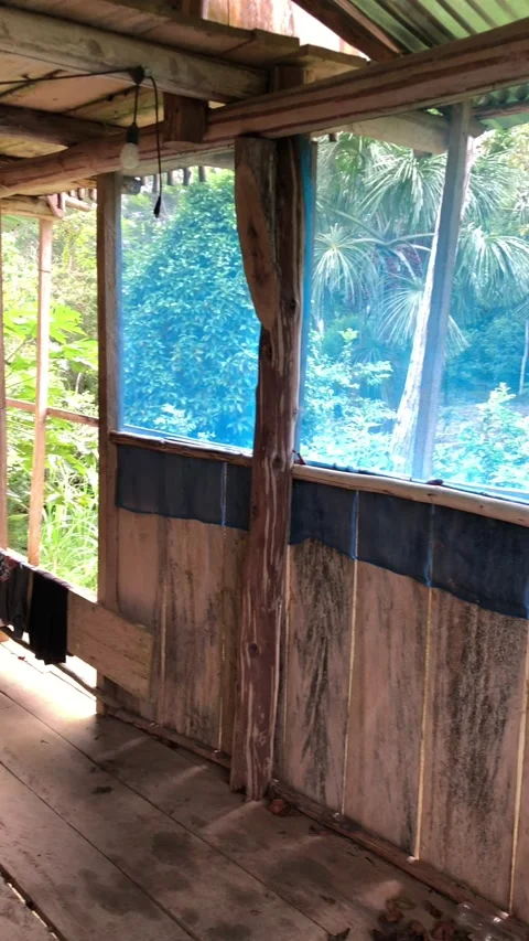 Rustic wooden hut interior showing the amazon rainforest view Stock Footage 337263735