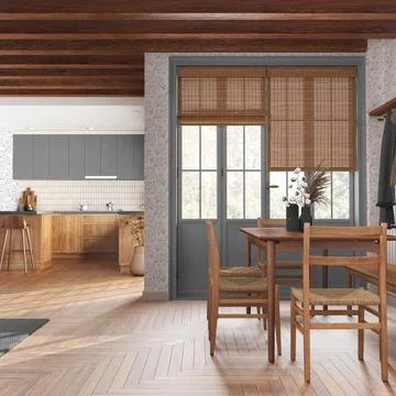 Rustic wooden kitchen and dining room in white and gray tones. Cabinets and.. Stock Illustration