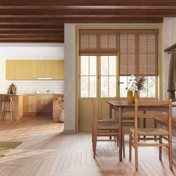 Rustic wooden kitchen and dining room in white and yellow tones. Cabinets a.. Stock Illustration