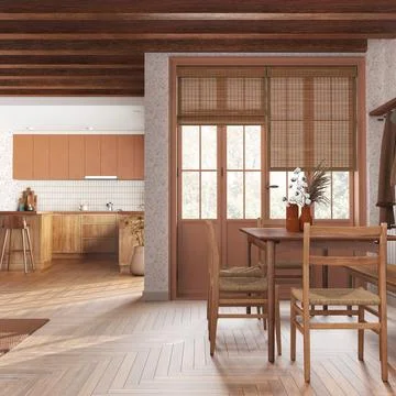 Rustic wooden kitchen and dining room in white and orange tones. Cabinets a.. Stock Illustration