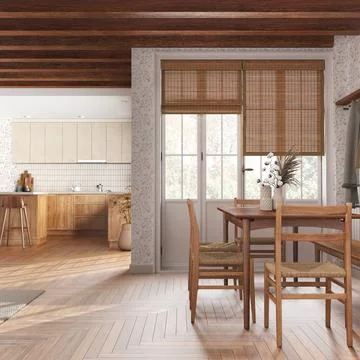 Rustic wooden kitchen and dining room in white and beige tones. Cabinets an.. Stock Illustration