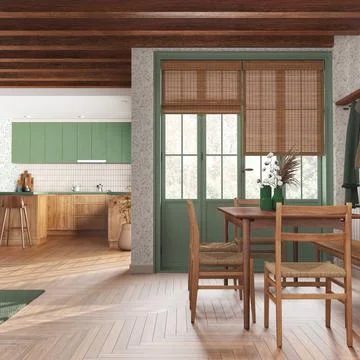 Rustic wooden kitchen and dining room in white and green tones. Cabinets an.. Stock Illustration