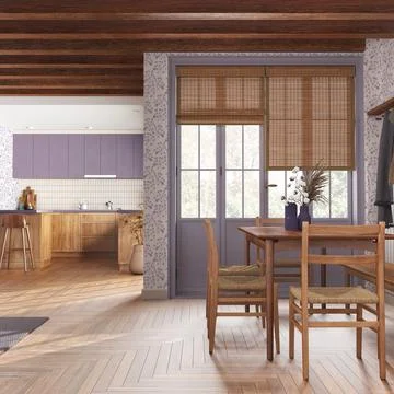Rustic wooden kitchen and dining room in white and purple tones. Cabinets a.. Stock Illustration