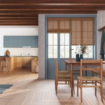 Rustic wooden kitchen and dining room in white and blue tones. Cabinets and.. Stock Illustration
