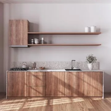 Rustic wooden kitchen with appliances in bleached and beige tones. Cabinets.. Stock Illustration