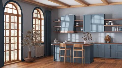 Rustic wooden kitchen in blue and beige tones with island and stools. parqu.. Stock Illustration