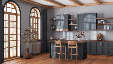 Rustic wooden kitchen in gray and beige tones with island and stools. parqu.. Stock Illustration