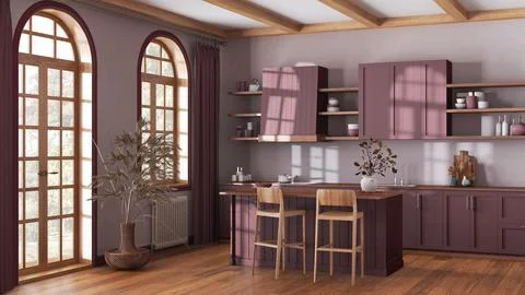 Rustic wooden kitchen in red and beige tones with island and stools. parque.. Stock Illustration