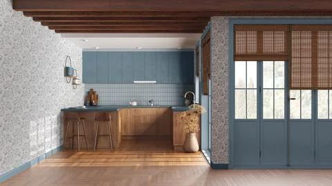 Rustic wooden kitchen in white and blue tones. Cabinets, island with stools.. Stock Illustration