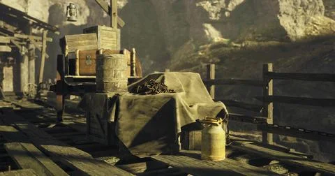 Rustic wooden mine setting with tools and supplies under natural lighting Stock Illustration