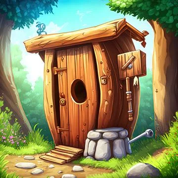 Rustic wooden outdoor toilet in cartoon style Stock Illustration