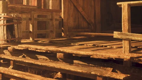 Rustic Wooden Platform Basking in Warm Sunlight at a Quiet Location Stock Footage 348409234