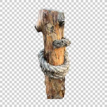 Rustic Wooden Post with Thick Jute Rope Isolated on Transparent Background Stock Photos