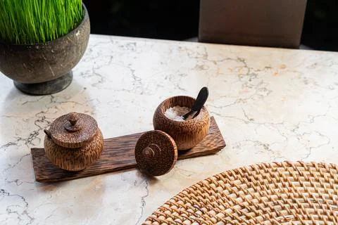Rustic Wooden Salt Container on Table Stock Photos