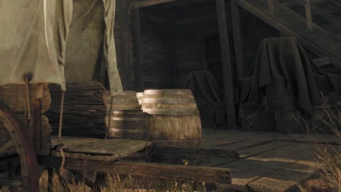 Rustic Wooden Setting With Barrels and Covered Items in a Quiet Barn Stock Footage 344820914