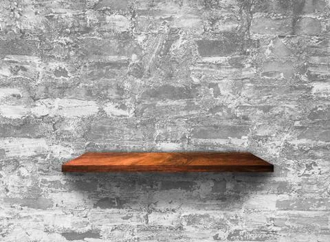 Rustic wooden shelf on grey concrete wall texture background with clipping pa Stock Photos