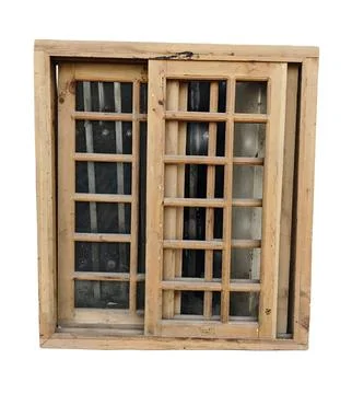 Rustic wooden sliding window frame white background Fotos de archivo