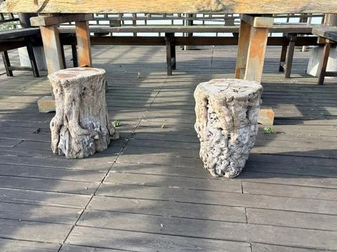Rustic Wooden Stools on Outdoor Deck Stock Photos