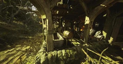 Rustic wooden structure with barrels in a lush forest setting イラスト素材