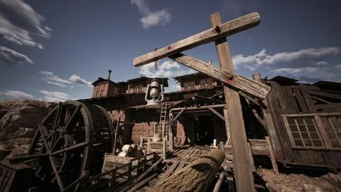 Rustic wooden structure featuring a lantern and water wheel under a cloudy sk Stock Illustration