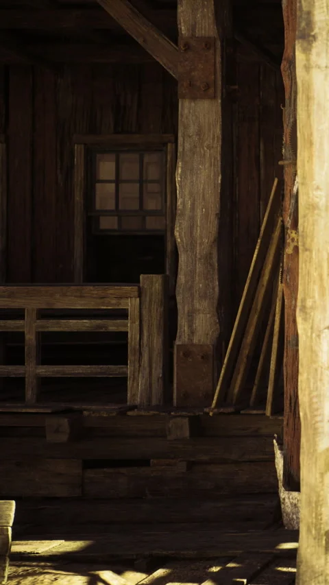 Rustic wooden structure illuminated by warm sunlight in an old barn Stock Footage 331830464