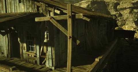 Rustic wooden structure with lantern and weathered appearance near canyon 库存插图