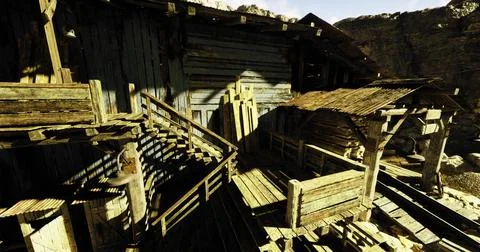 Rustic wooden structure in rugged terrain showcases weathered design Stock Illustration