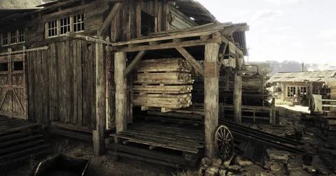 Rustic wooden structure with stacked pallets in a historical setting Ilustración de archivo