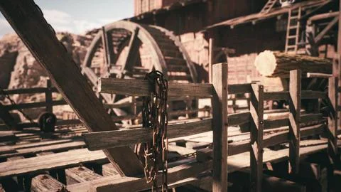 Rustic wooden structures and machinery in a historical setting during dayligh 스톡 일러스트