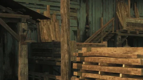 Rustic Wooden Structures in an Old Warehouse Create a Nostalgic Atmosphere Stock Footage 344528621