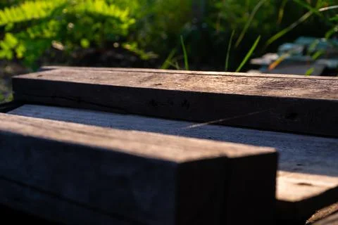 Rustic Wooden Surface In Garden Stock-Fotos