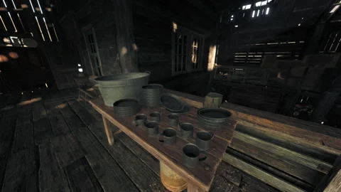 A rustic wooden table filled with an assortment of colorful cups Stock Footage 251898756