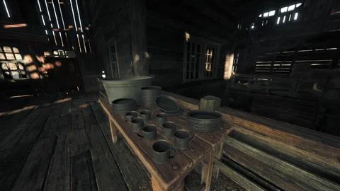 A rustic wooden table filled with an assortment of colorful cups Stockillustratie