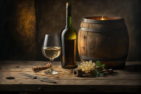 A rustic wooden table with a glass of white wine, a bottle, and a barrel Stock Illustration