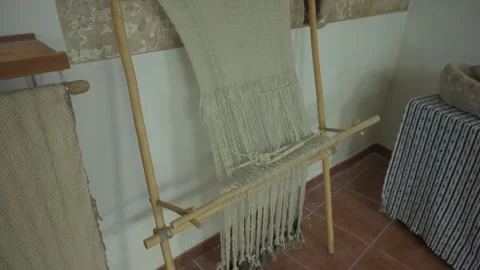 Rustic Wooden Vertical Warp Weighted Loom On Display In Museum Stock Footage 345072777