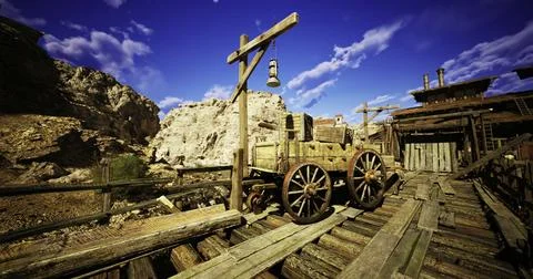 Rustic wooden wagon resting on a weathered bridge in a desert landscape Stock Illustration