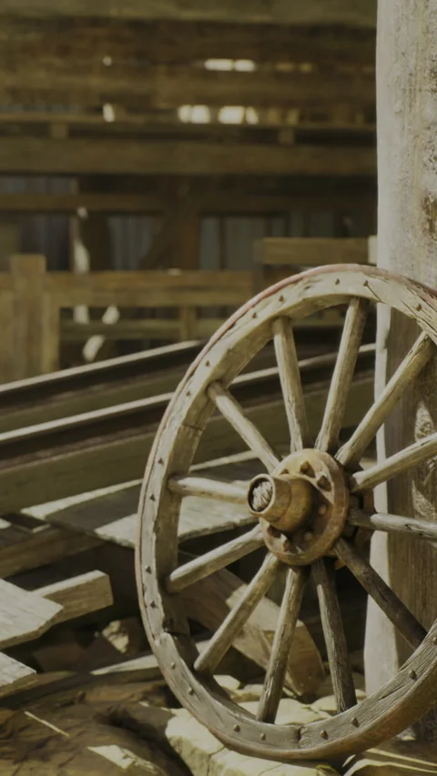 Rustic wooden wagon wheel stands beside weathered wooden beams in old barn Stock Footage 331830082